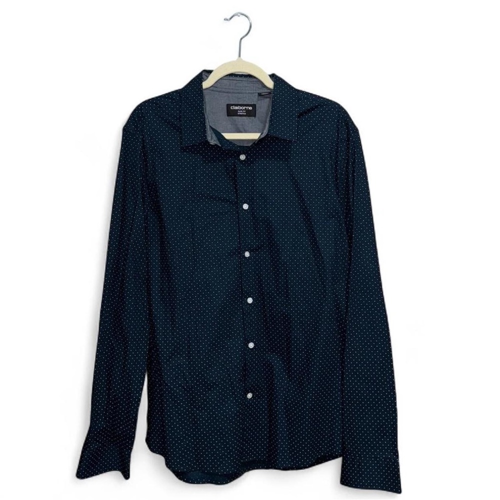 Claiborne Men’s Blue and White Polka Dot Slim Fit Button Down Shirt Size XL
